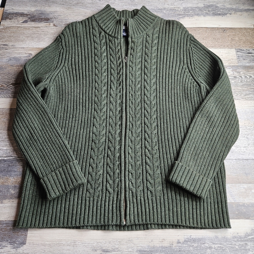 Land's End 90s Y2K Style Zip Front Cardigan Sweater Cable Knit Army Green Large - Picture 1 of 13